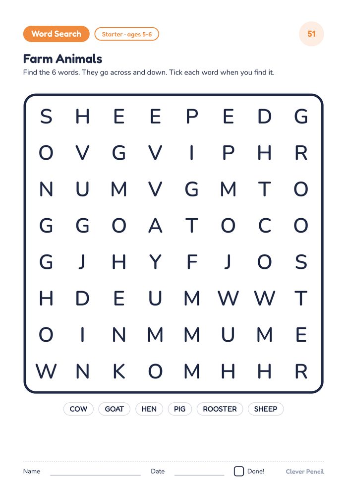 Farm animals word search